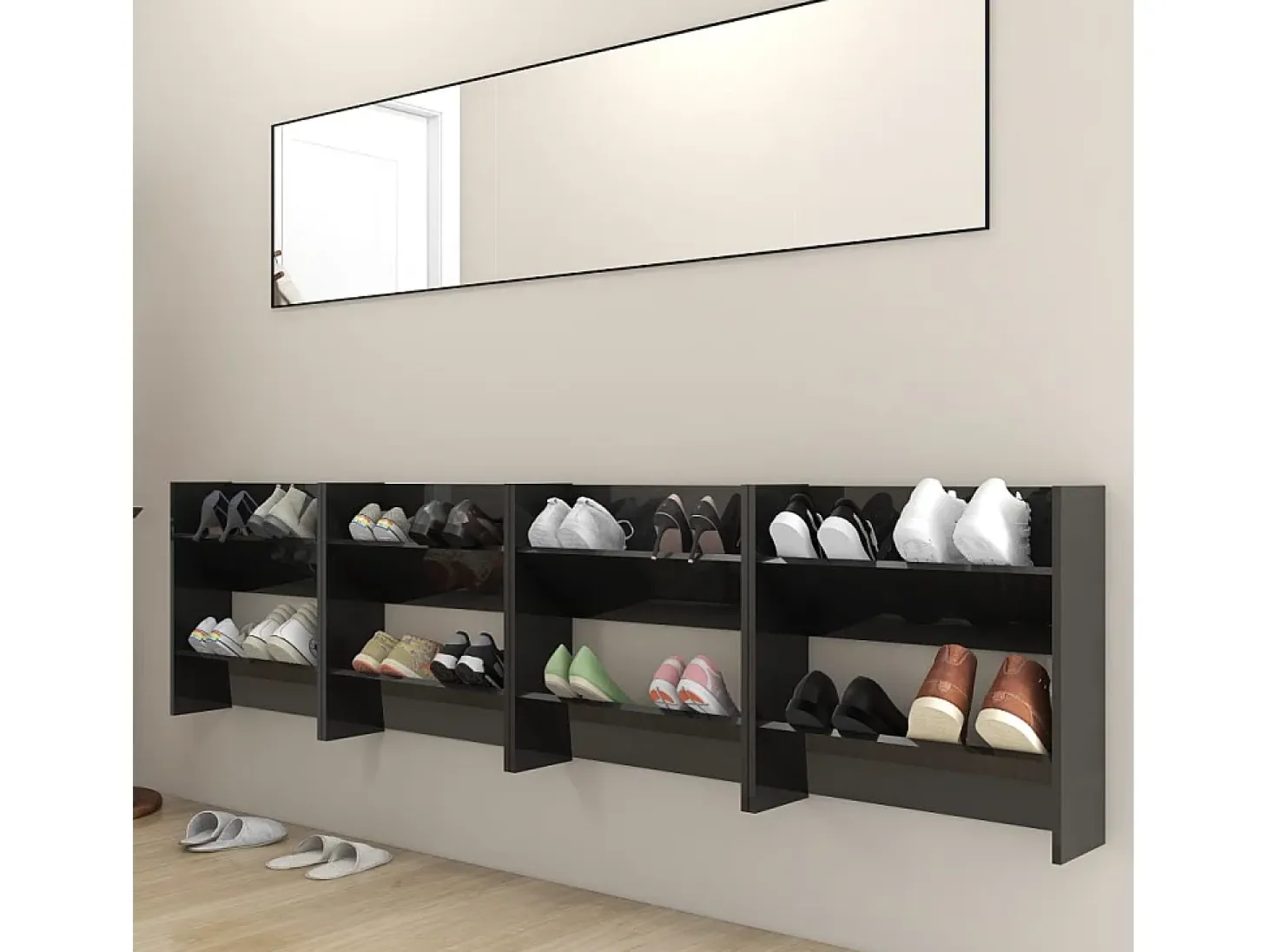 Zapatero de pared de 4 piezas, negro brillante, 60x18x60 cm