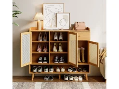 Zapatero de ratán - 120 x 35 x 106 cm - con 3 puertas + 1 cajón + 5 estantes - aglomerado - natural