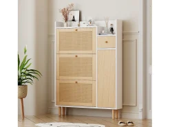 Zapatero de ratán con 3 puertas plegables y 1 cajón, fabricado en madera, con tiradores de madera maciza, para recibidor y dormitorio (90x17x125 cm)