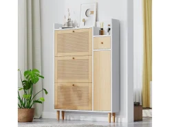 Zapatero de ratán con 3 puertas plegables y 1 cajón, fabricado en madera, con tiradores de madera maciza, para recibidor y dormitorio (90x17x125 cm)
