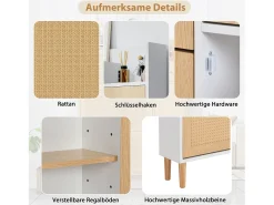 Zapatero de ratán con 3 puertas plegables y 1 cajón, fabricado en madera, con tiradores de madera maciza, para recibidor y dormitorio (90x17x125 cm)