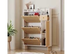 Zapatero de ratán con 3 puertas plegables y 1 cajón, fabricado en madera, con tiradores de madera maciza, para recibidor y dormitorio (90x17x125 cm)