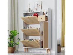 Zapatero de ratán con 3 puertas plegables y 1 cajón, fabricado en madera, con tiradores de madera maciza, para recibidor y dormitorio (90x17x125 cm)