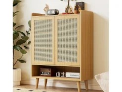 Zapatero de ratán natural, diseño moderno, con 2 puertas y 5 estantes, madera maciza, color roble claro (80x37x105 cm)
