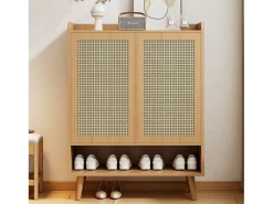 Zapatero de ratán natural, diseño moderno, con 2 puertas y 5 estantes, madera maciza, color roble claro (80x37x105 cm)