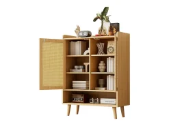 Zapatero de ratán natural, diseño moderno, con 2 puertas y 5 estantes, madera maciza, color roble claro (80x37x105 cm)