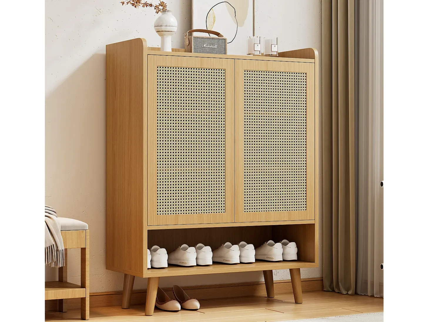Zapatero de ratán natural, diseño moderno, con 2 puertas y 5 estantes, madera maciza, color roble claro (80x37x105 cm)
