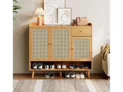Zapatero de ratán natural con 3 puertas, 1 cajón y 5 estantes, con tiradores de metal y patas de madera maciza (120x35x106 cm)
