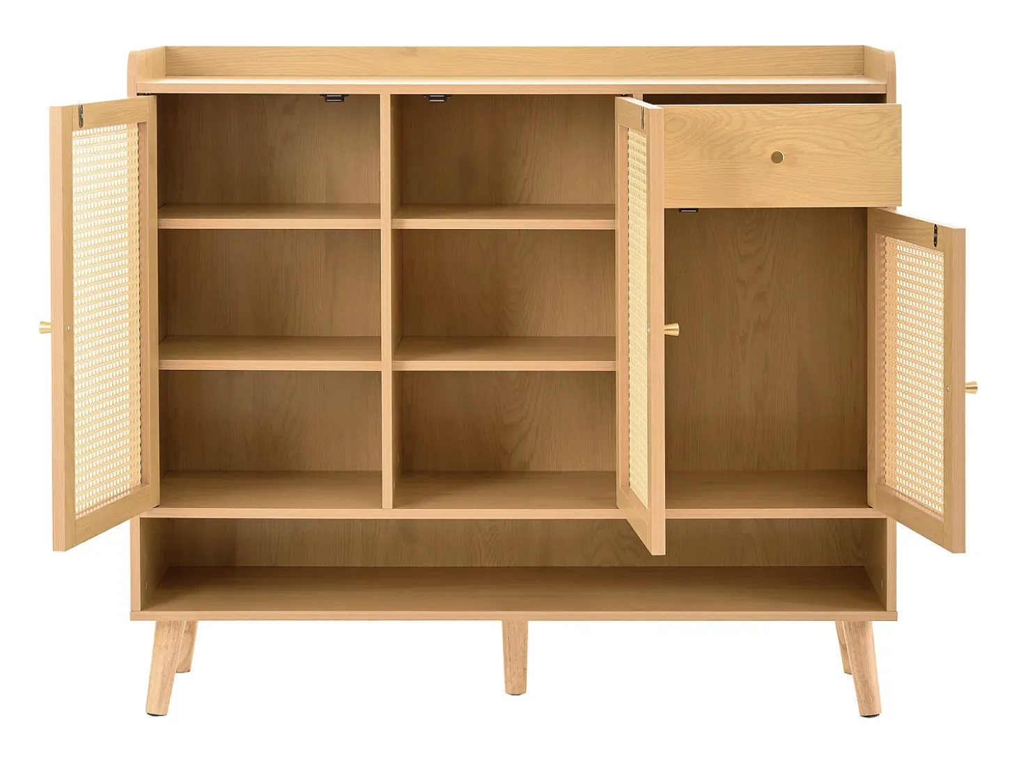 Zapatero de ratán natural con 3 puertas, 1 cajón y 5 estantes, con tiradores de metal y patas de madera maciza (120x35x106 cm)