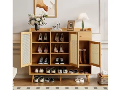 Zapatero de ratán natural con 3 puertas, 1 cajón y 5 estantes, con tiradores de metal y patas de madera maciza (120x35x106 cm)