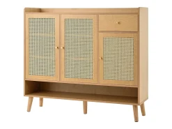 Zapatero de ratán natural con 3 puertas, 1 cajón y 5 estantes, con tiradores de metal y patas de madera maciza (120x35x106 cm)