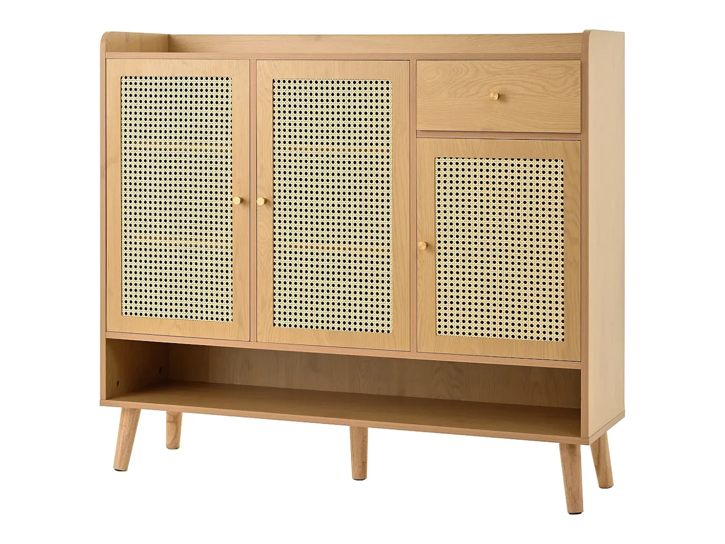 Zapatero de ratán natural con 3 puertas, 1 cajón y 5 estantes, con tiradores de metal y patas de madera maciza (120x35x106 cm)