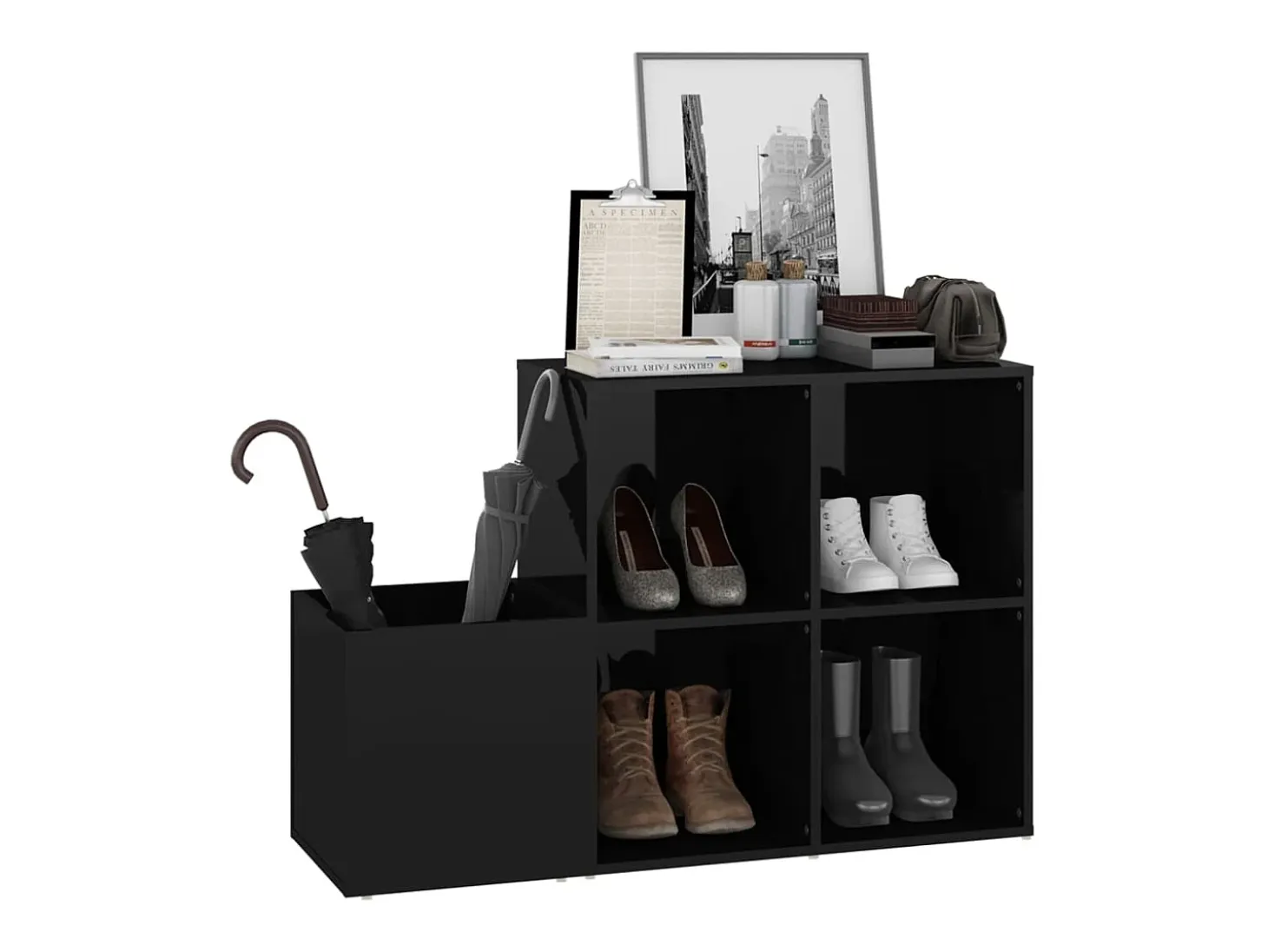 Zapatero de recibidor contrachapado negro brillo 105x35,5x70 cm ES326608