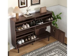 Zapatero en madera oscura con 4 puertas, tiradores y patas negras - ideal para la entrada