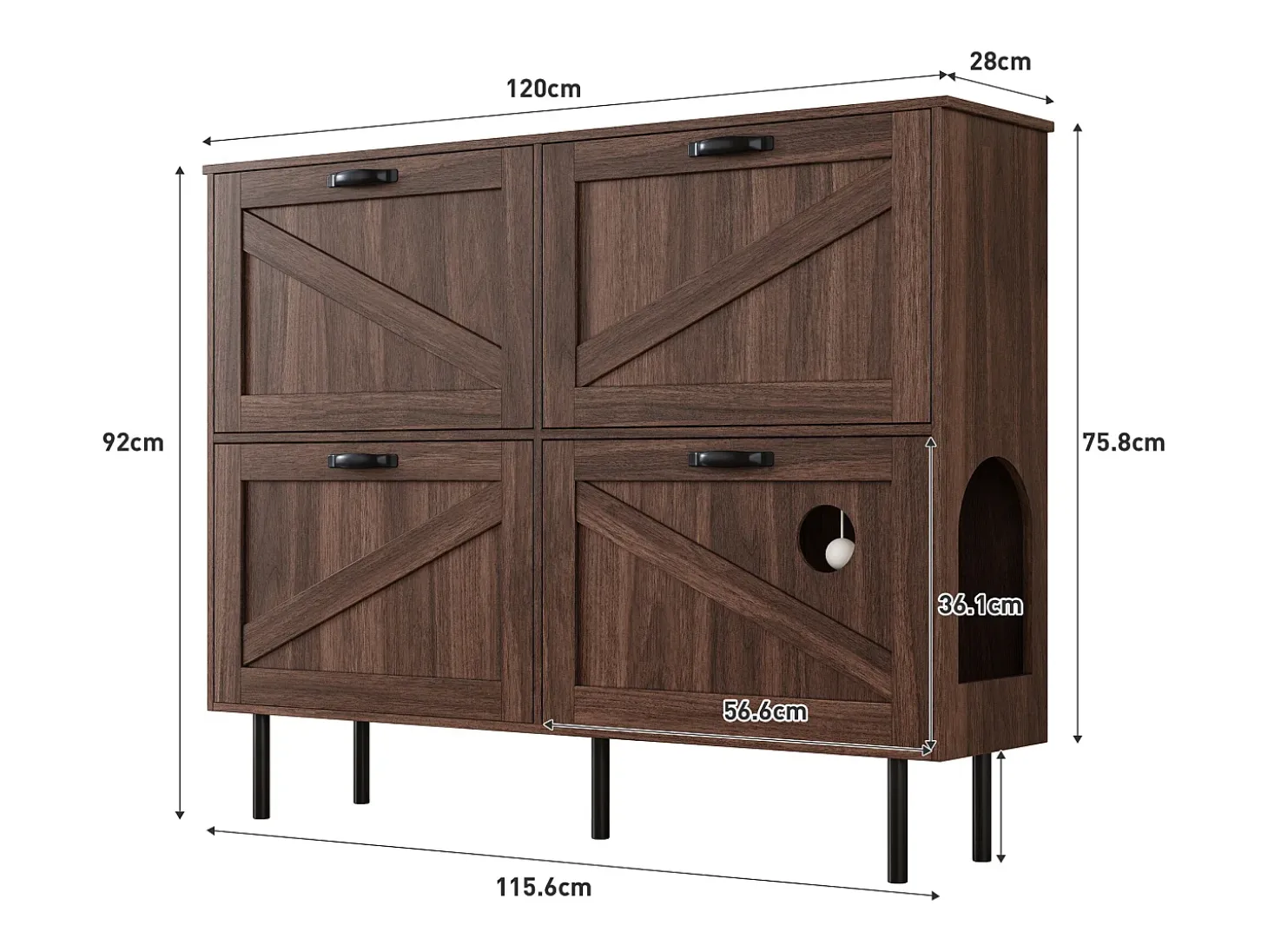 Zapatero en madera oscura con 4 puertas, tiradores y patas negras - ideal para la entrada