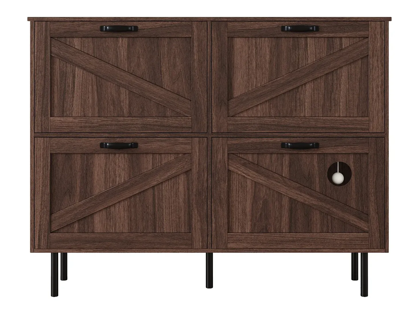 Zapatero en madera oscura con 4 puertas, tiradores y patas negras - ideal para la entrada