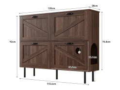 Zapatero en madera oscura con 4 puertas, tiradores y patas negras - ideal para la entrada