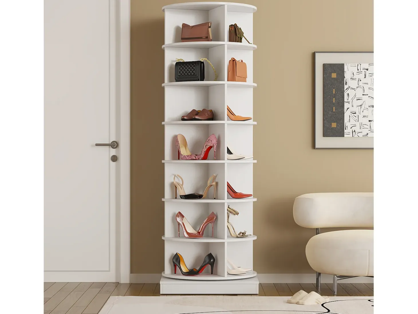 Zapatero giratorio 360° blanco, 7 niveles, capacidad hasta 28 pares, MDF (70,5x30x116 cm)