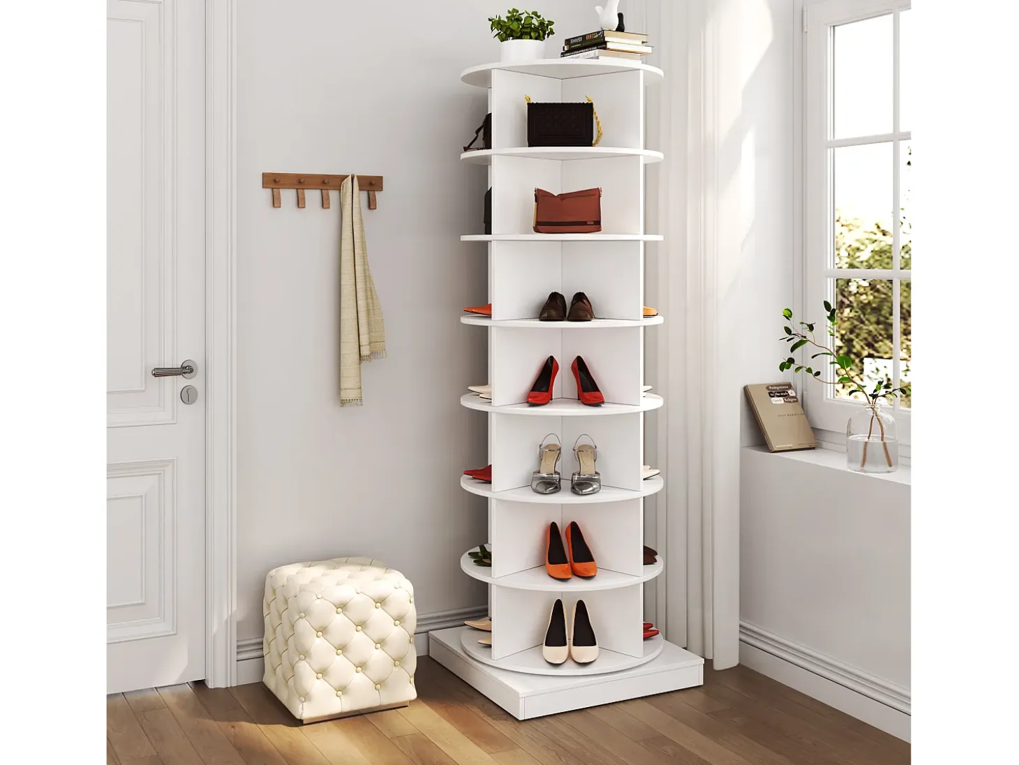 Zapatero giratorio 360° blanco, 7 niveles, capacidad hasta 28 pares, MDF (70,5x30x116 cm)