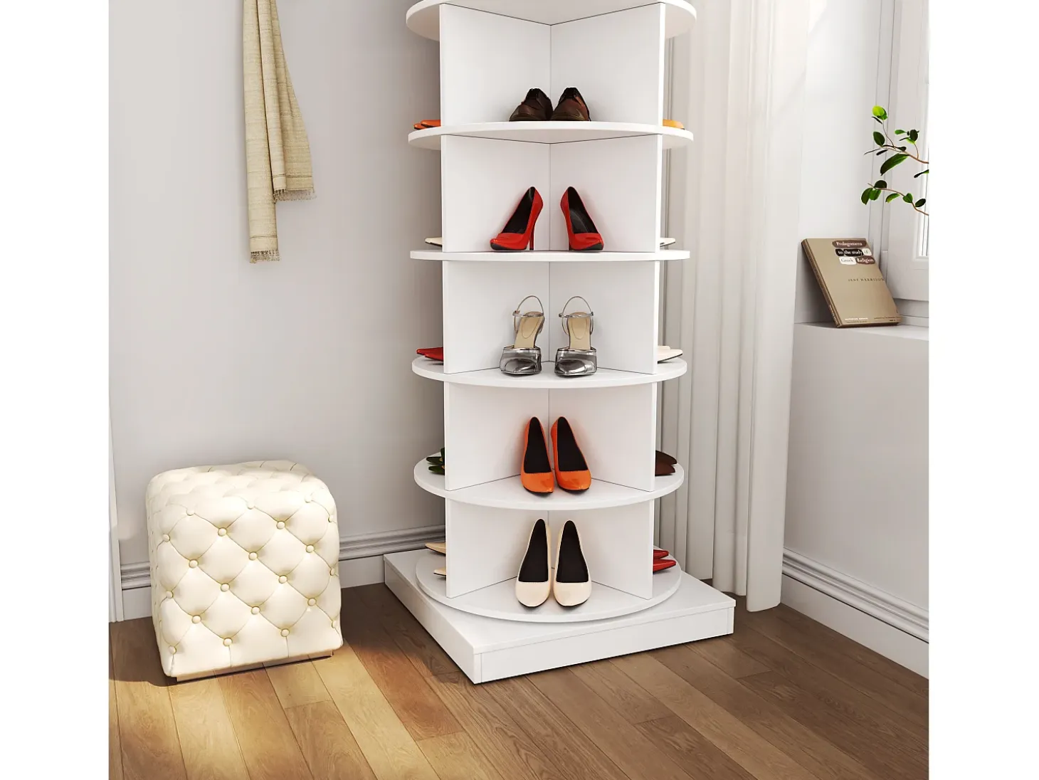 Zapatero giratorio 360° blanco, 7 niveles, capacidad hasta 28 pares, MDF (70,5x30x116 cm)