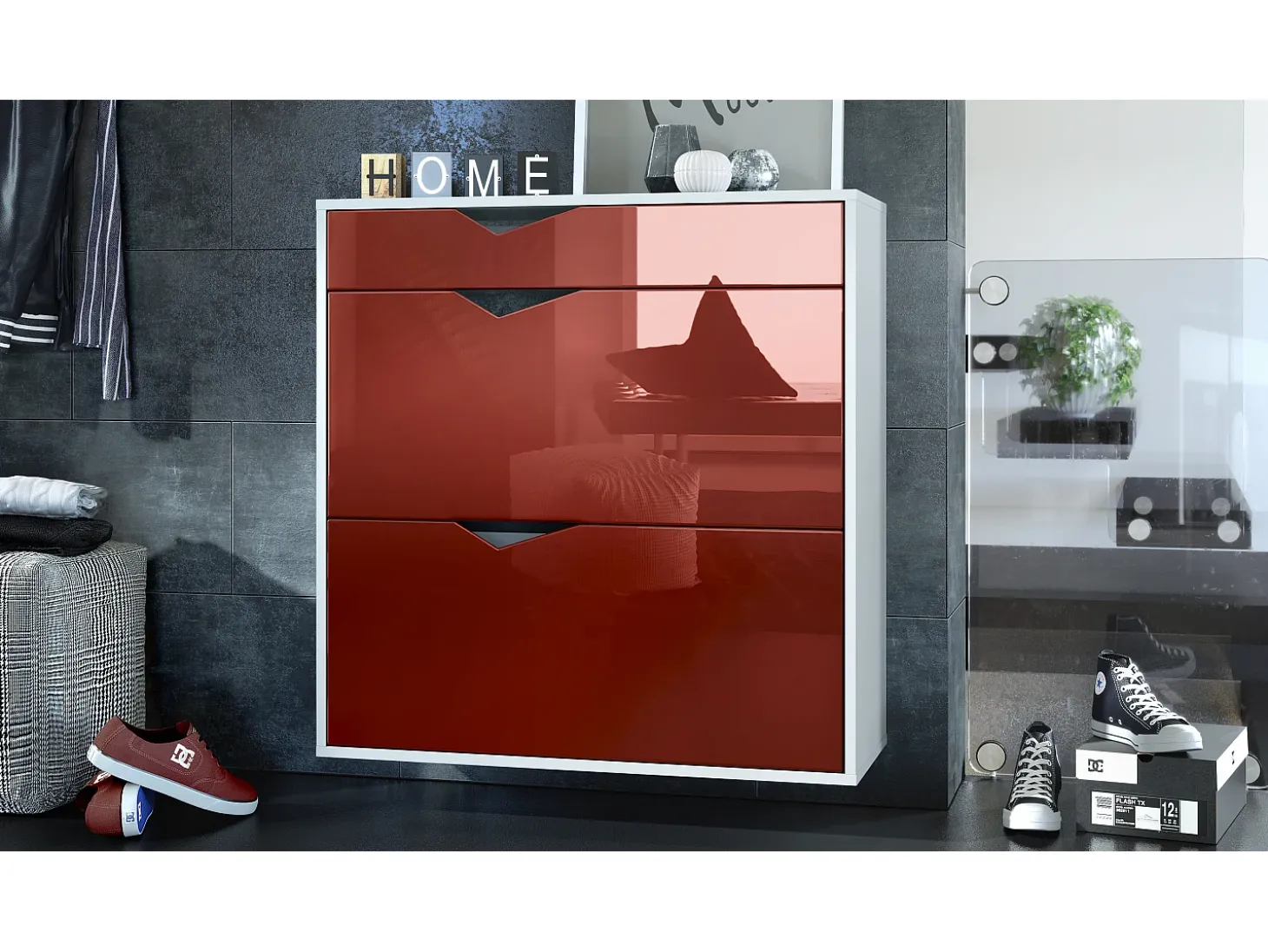 Zapatero Kolmio 85 x 87 x 33 cm, cuerpo en blanco mate, frentes en Burdeos de alto brillo | Amplia selección de colores