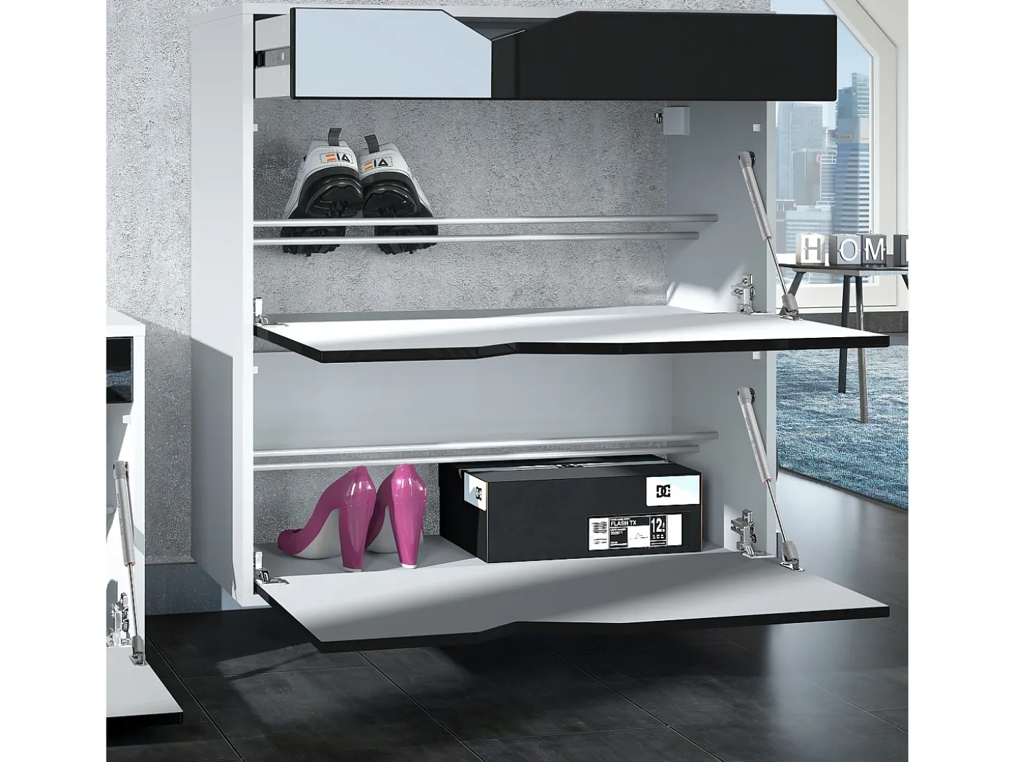 Zapatero Kolmio 85 x 87 x 33 cm, cuerpo en blanco mate, frentes en Burdeos de alto brillo | Amplia selección de colores