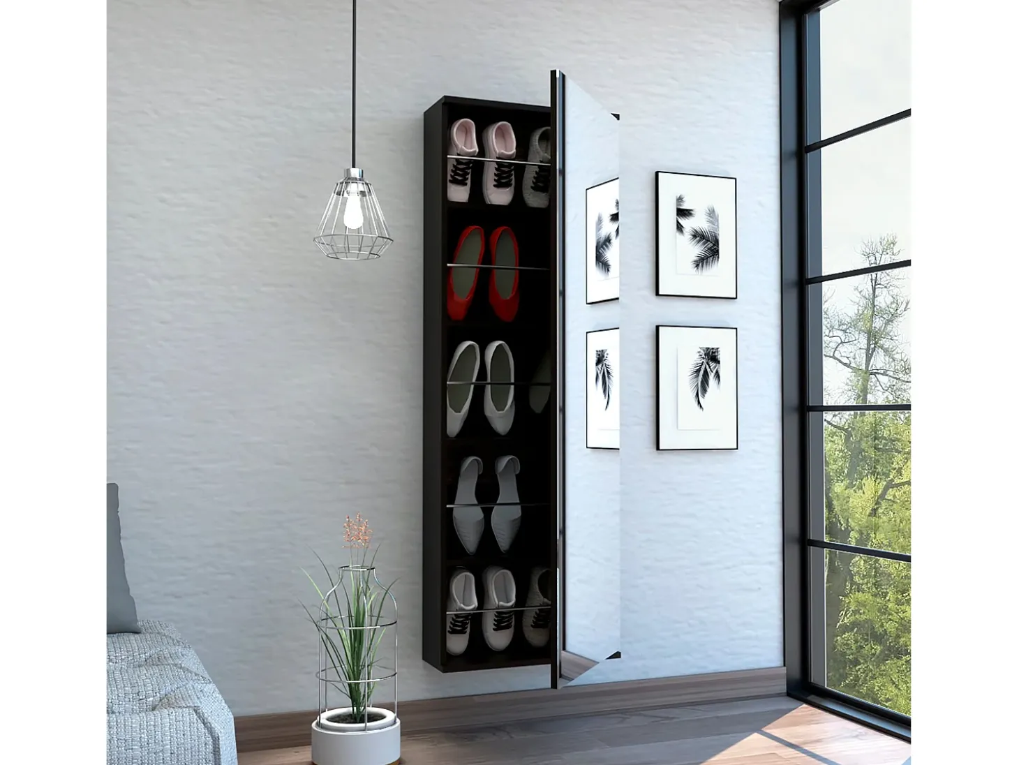 Zapatero Leto Montable en Pared con Espejo, Estilo Moderno y con Espacio , 137.92 cm X 46.99 cm X 20.57 cm , Negro