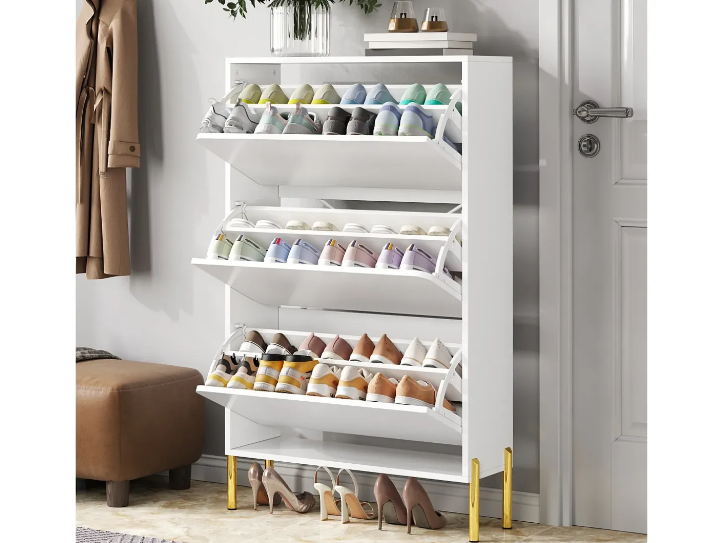 Zapatero minimalista moderno - 73 x 24 x 120 cm - con 3 puertas - patas doradas - MDF - blanco