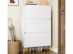 Zapatero minimalista moderno - 73 x 24 x 120 cm - con 3 puertas - patas doradas - MDF - blanco