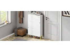 Zapatero minimalista moderno - 73 x 24 x 120 cm - con 3 puertas - patas doradas - MDF - blanco