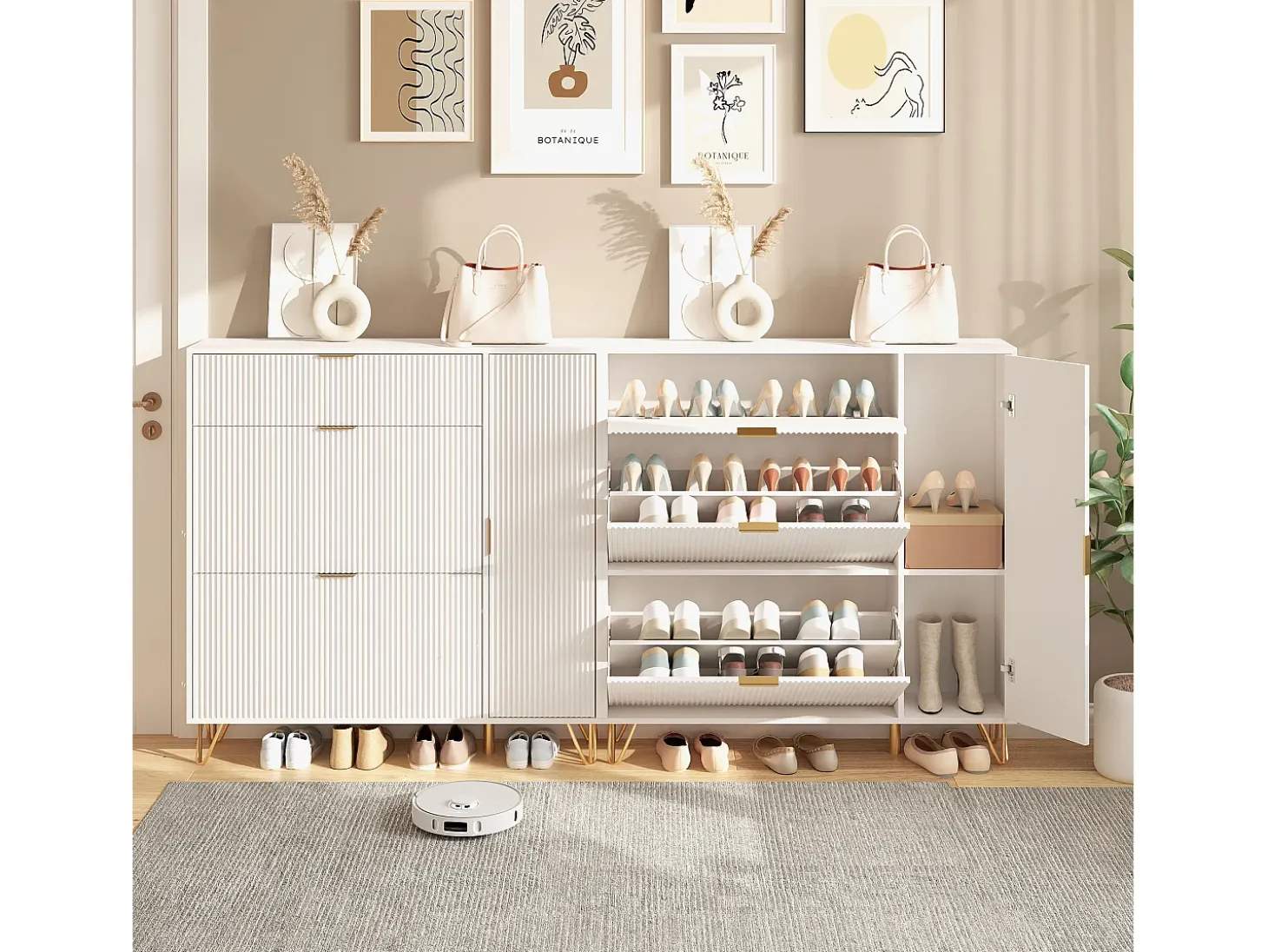Zapatero moderno blanco con almacenamiento ajustable y diseño antideslizante: estilo lujoso y ligero.