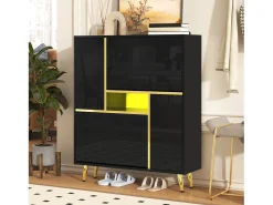 Zapatero moderno con puerta de alto brillo y LED multicolor, negro (80x25x96 cm)