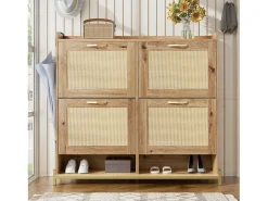 Zapatero Natural - Zapatero con 4 Puertas de Ratán y 2 Divisiones Abiertas - para recibidores y corredores