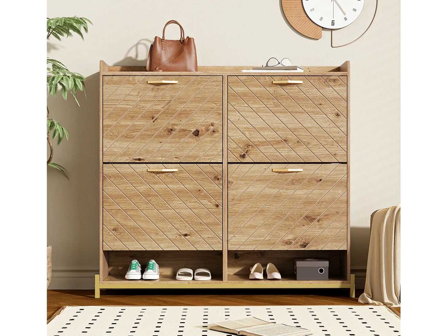 Zapatero natural - Zapatero con 4 puertas de madera y 2 divisiones abiertas - para recibidores y pasillos