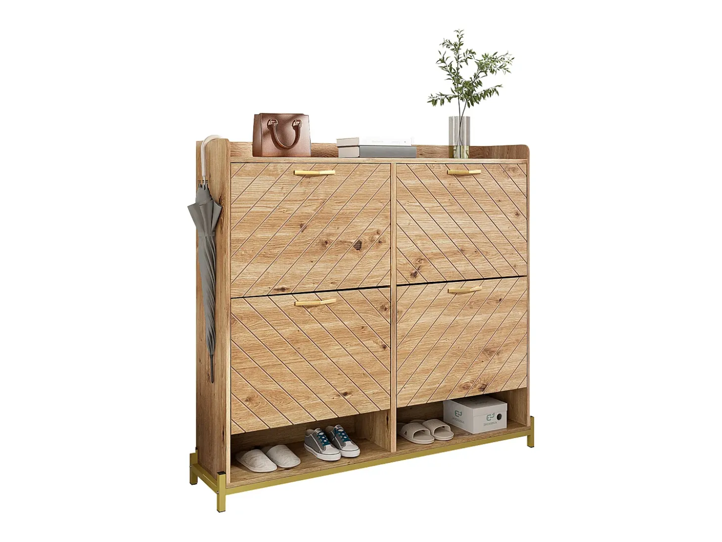 Zapatero natural - Zapatero con 4 puertas de madera y 2 divisiones abiertas - para recibidores y pasillos