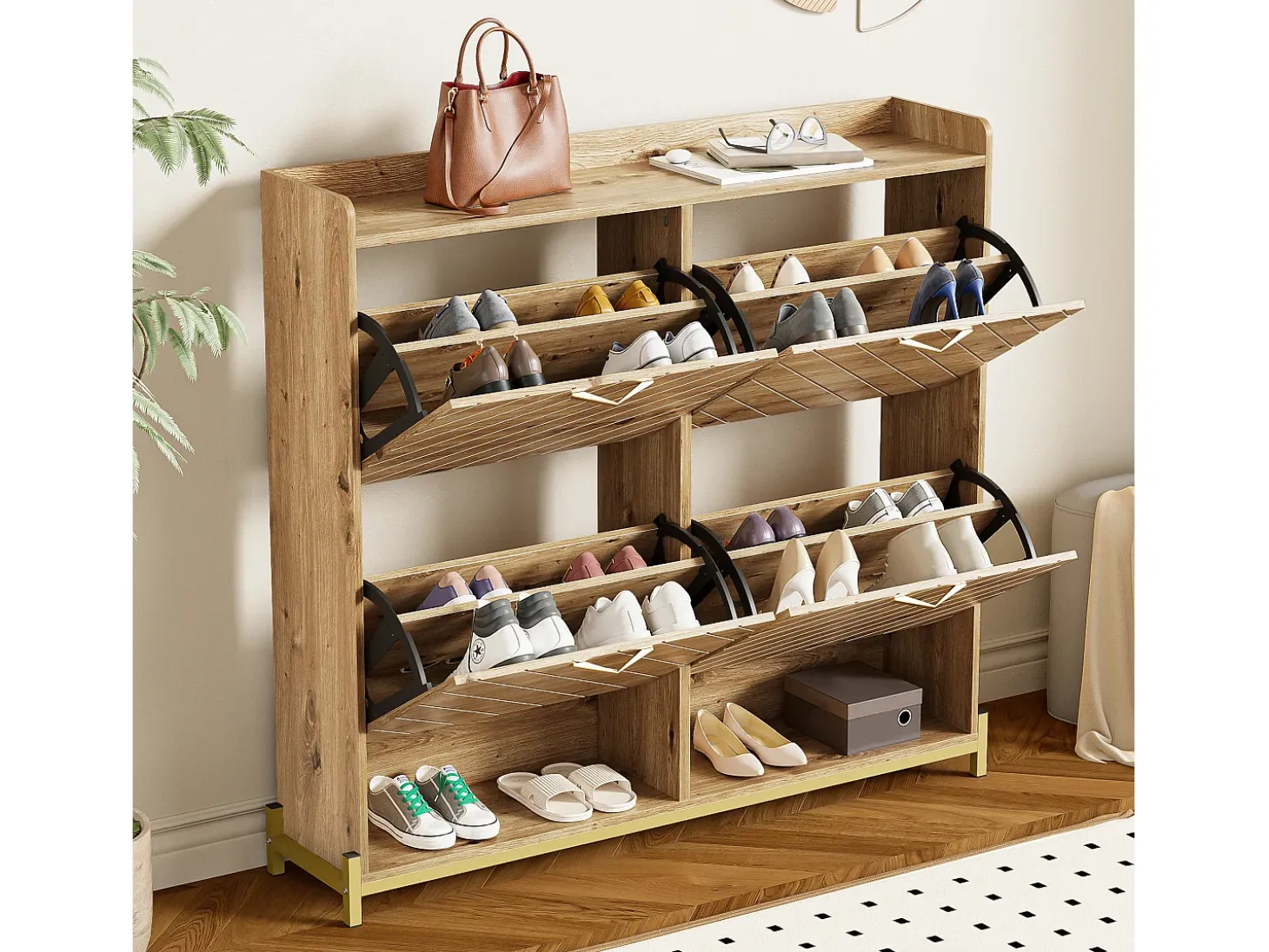 Zapatero natural - Zapatero con 4 puertas de madera y 2 divisiones abiertas - para recibidores y pasillos