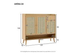 Zapatero natural con 3 puertas de ratán y 1 cajón, tirador de metal 120x35x106cm