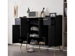 Zapatero negro con 2 cajones y 4 puertas, tiradores y patas dorados