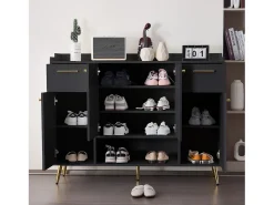 Zapatero negro con 2 cajones y 4 puertas, tiradores y patas dorados