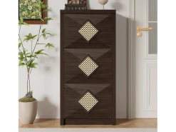 Zapatero vintage con decoración de ratán - 54 x 25 x 115 cm - con 3 compartimentos abatibles - tablero de partículas - color natural oscuro