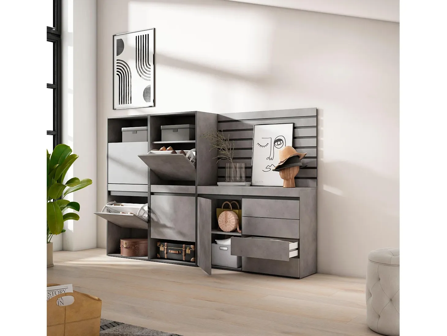 Zapatero, 227x35x145cm, Dormitorio, habitación, Cómoda, Cajonera, Listones Decorativos, Cemento