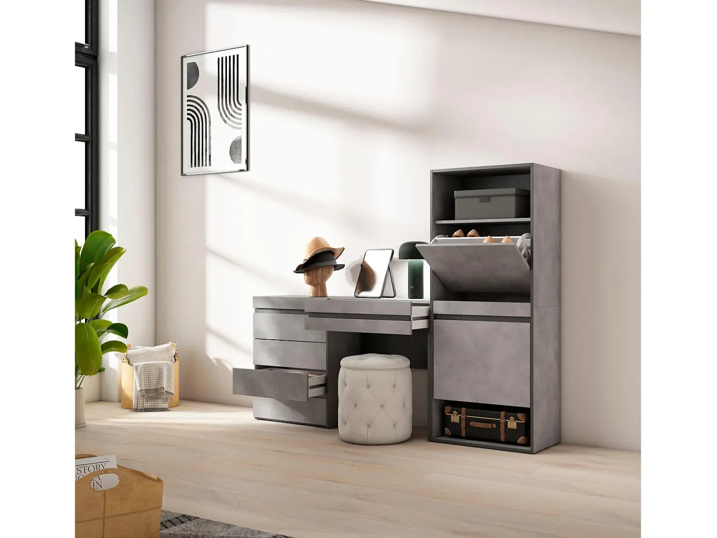 Zapatero, 187x35x145cm, Dormitorio, habitación, Cómoda, Cajonera, Tocador, Cemento