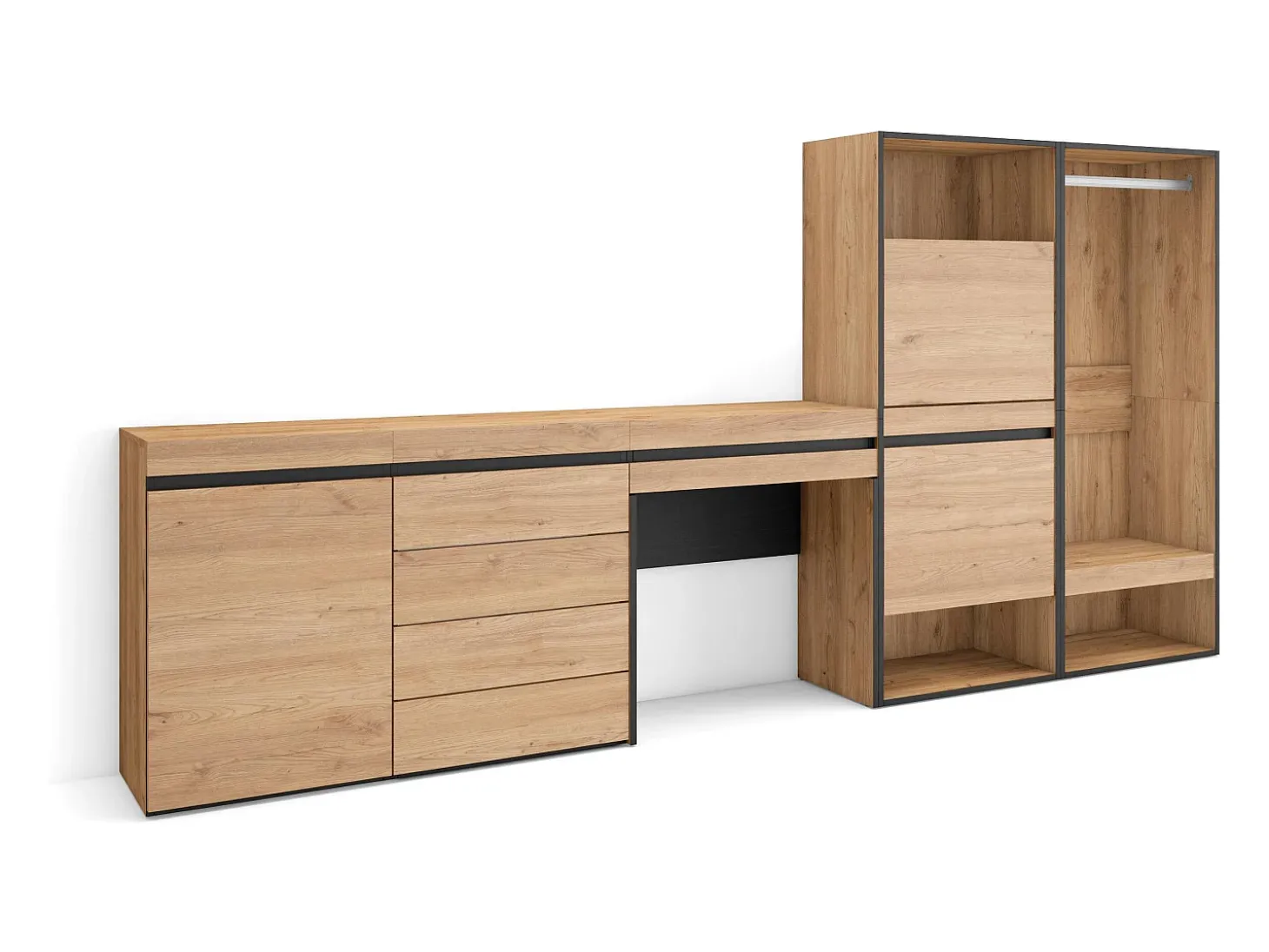 Zapatero, 297x35x145cm, Dormitorio, habitación, Vestidor abierto, Cómoda, Cajonera, Tocador, Roble