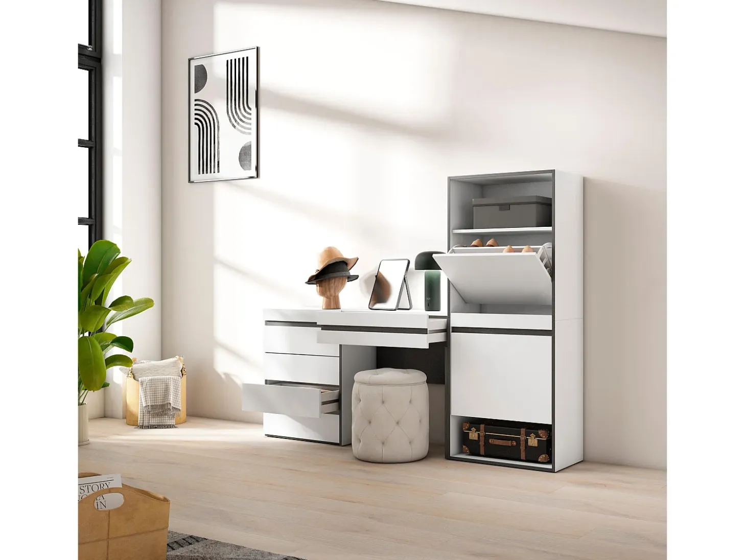 Zapatero, 187x35x145cm, Dormitorio, habitación, Cómoda, Cajonera, Tocador, Blanco