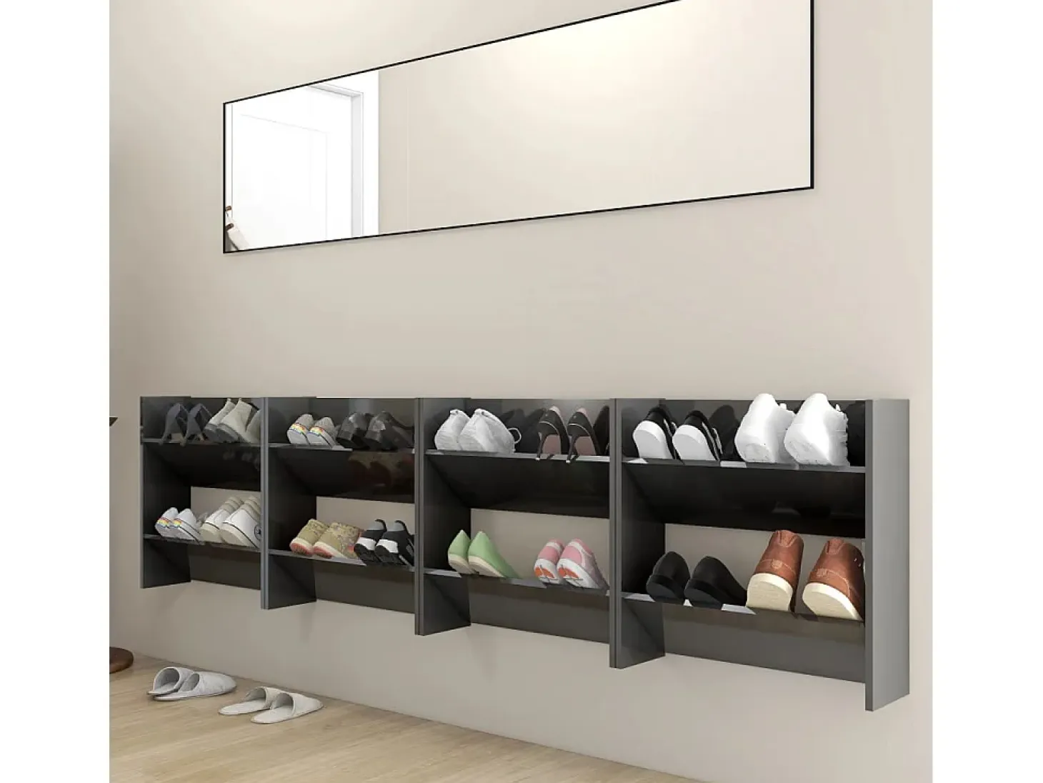 Zapateros de pared 4 uds contrachapada gris brillo 60x18x60 cm ES858196